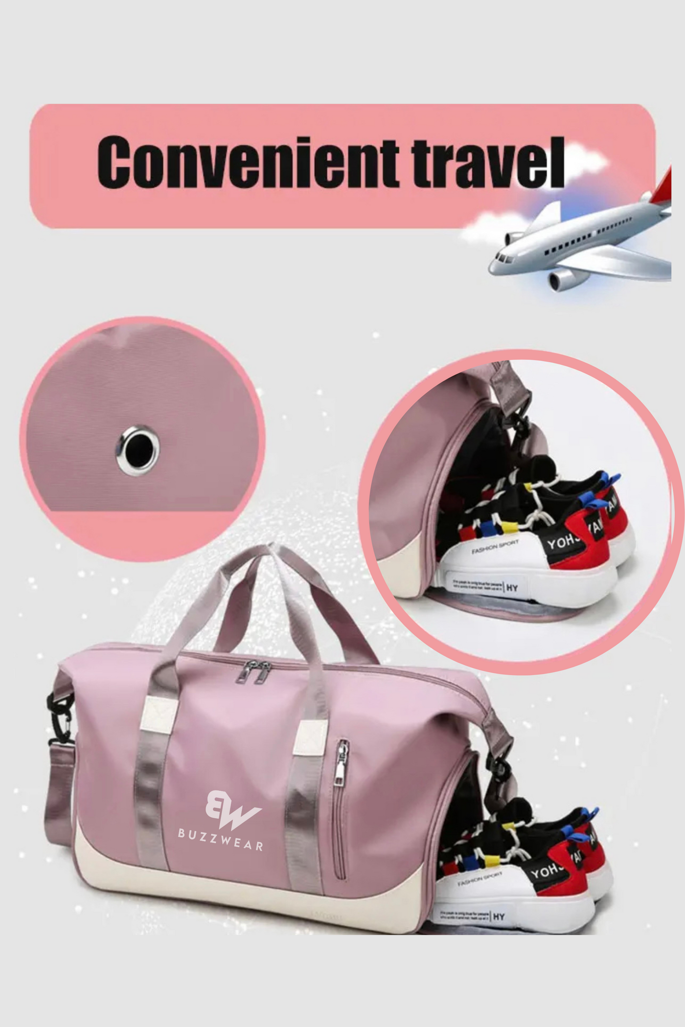 BuzzWear Water Resistant Sports Weekender Duffel Bag with shoes compartment (Pink)