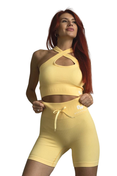 Gratitude High-Waisted Short Leggings with Drawstring (Yellow)