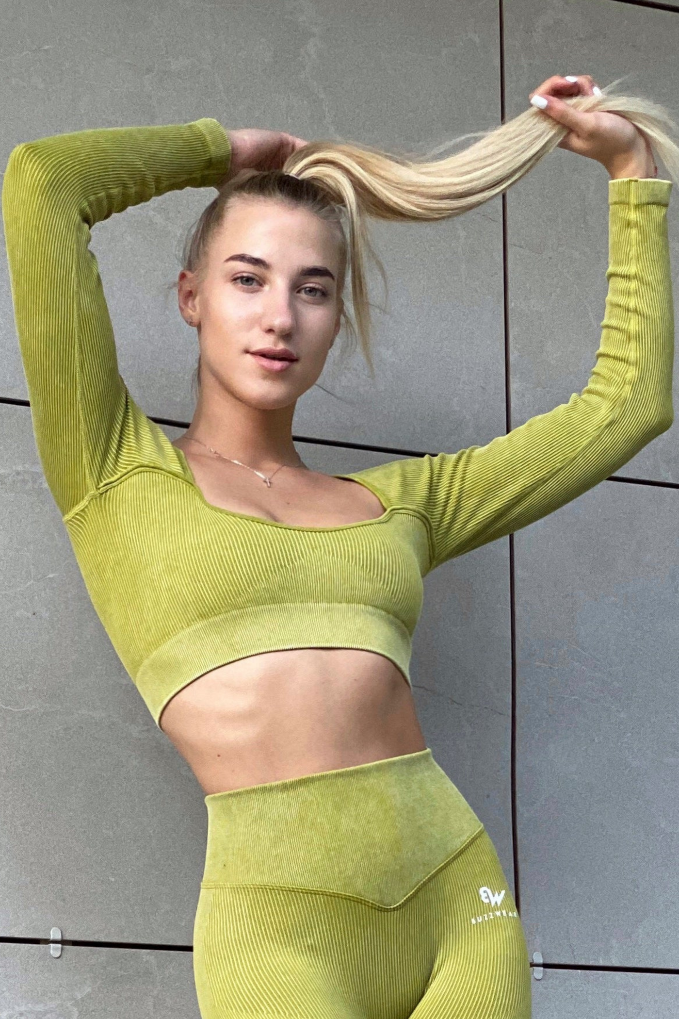 Addiction Long Sleeve Crop Top with Square Neck (Green)