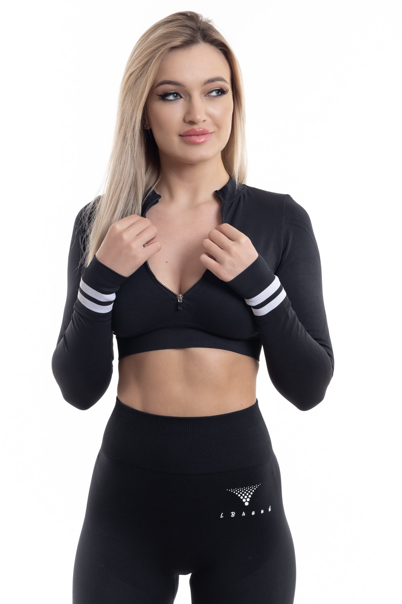 Sexy Body Fit Effect Zipper up Crop Top (Black, Dark Grey)