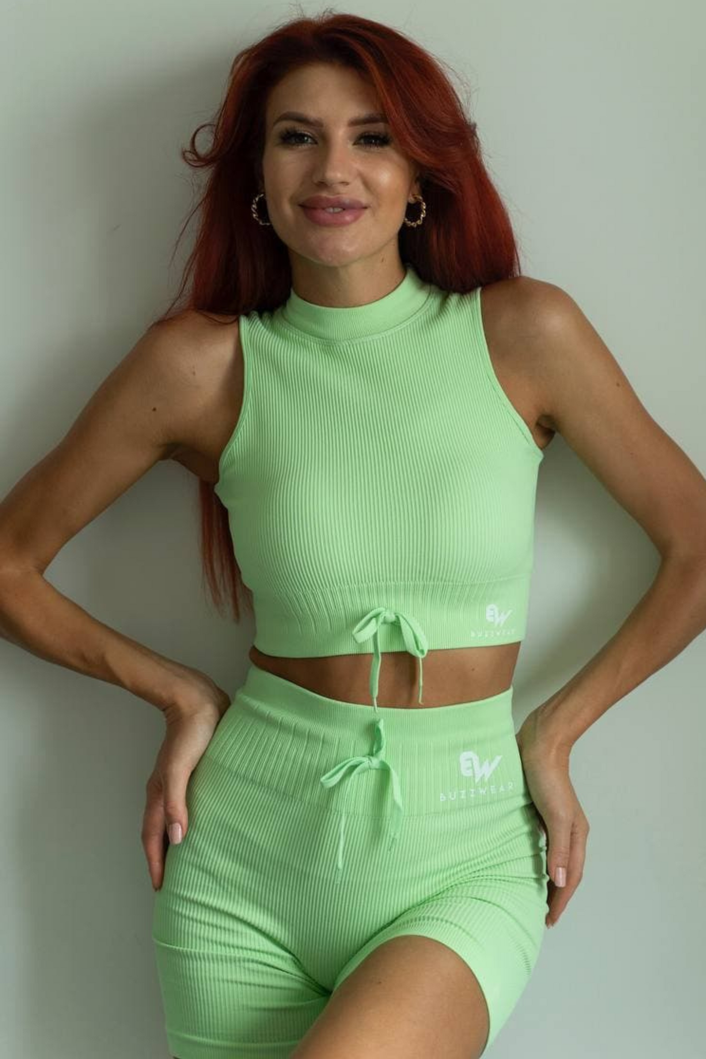 Vitality Sleeveless Turtleneck Crop Top with Drawstring (Bright Green)