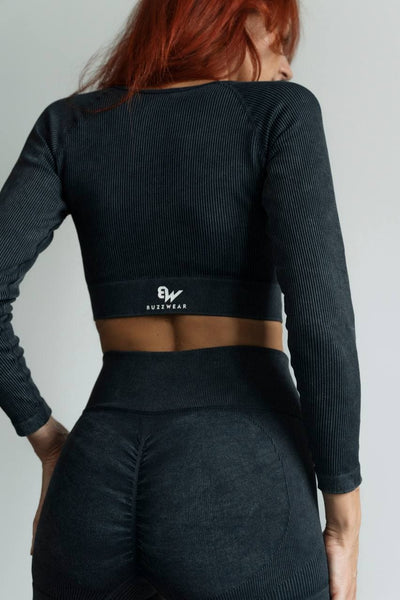 Addiction Long Sleeve Crop Top with Square Neck (Black)